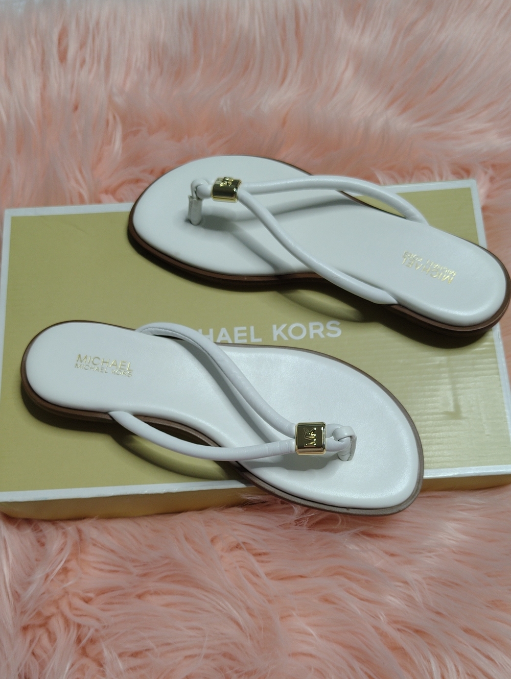 Michael Kors White Leather Thong Sandals with Gold Accent